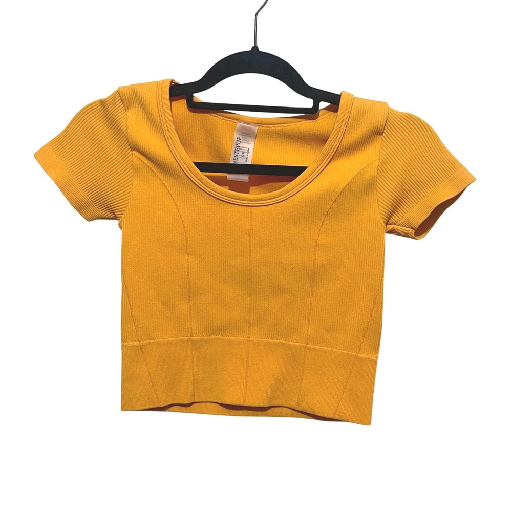 ONESTEPUP Ribbed Crop Top Fitted Short Sleeve Tee Shirt Orange S/M‎